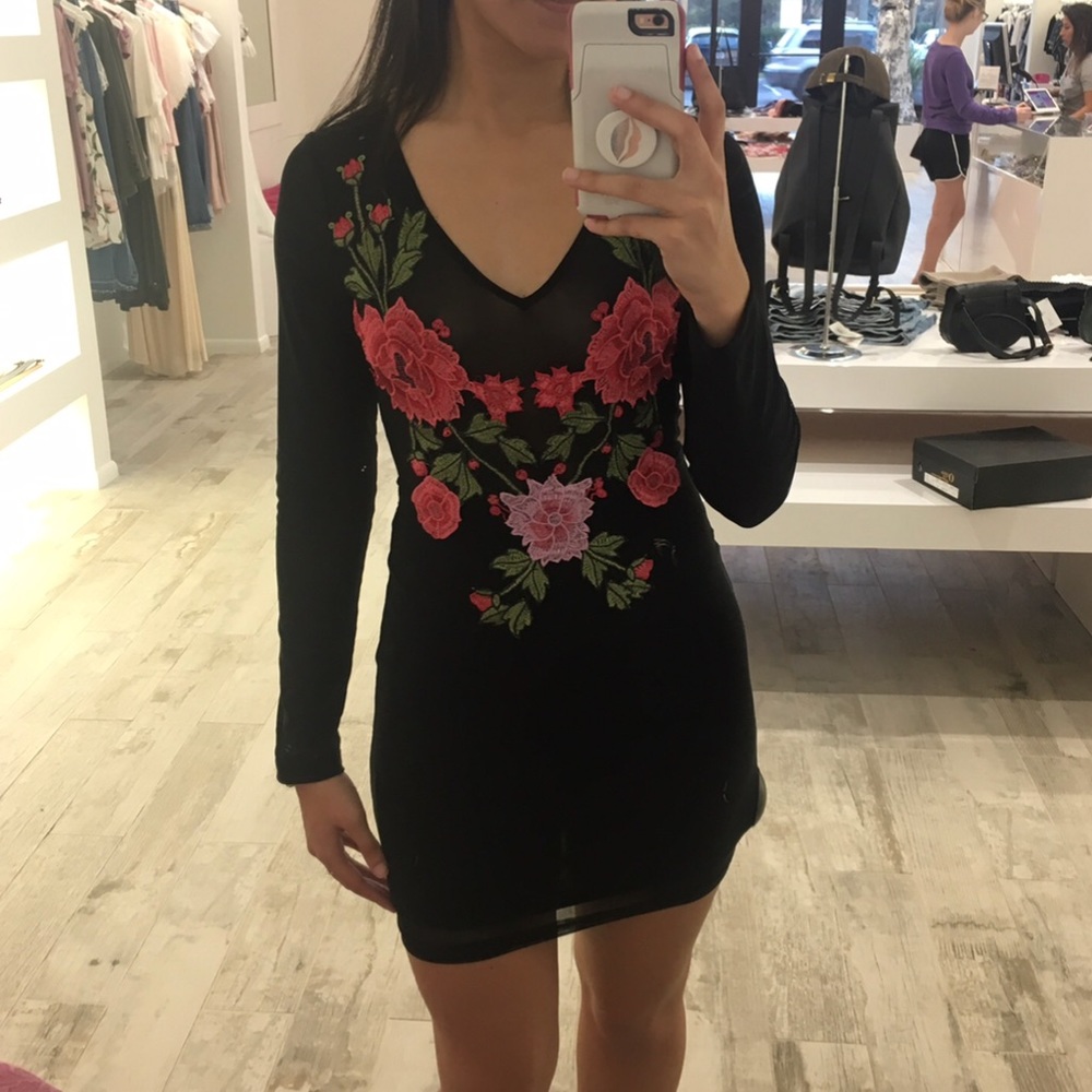 Long sleeve embroidered rose mini- dress